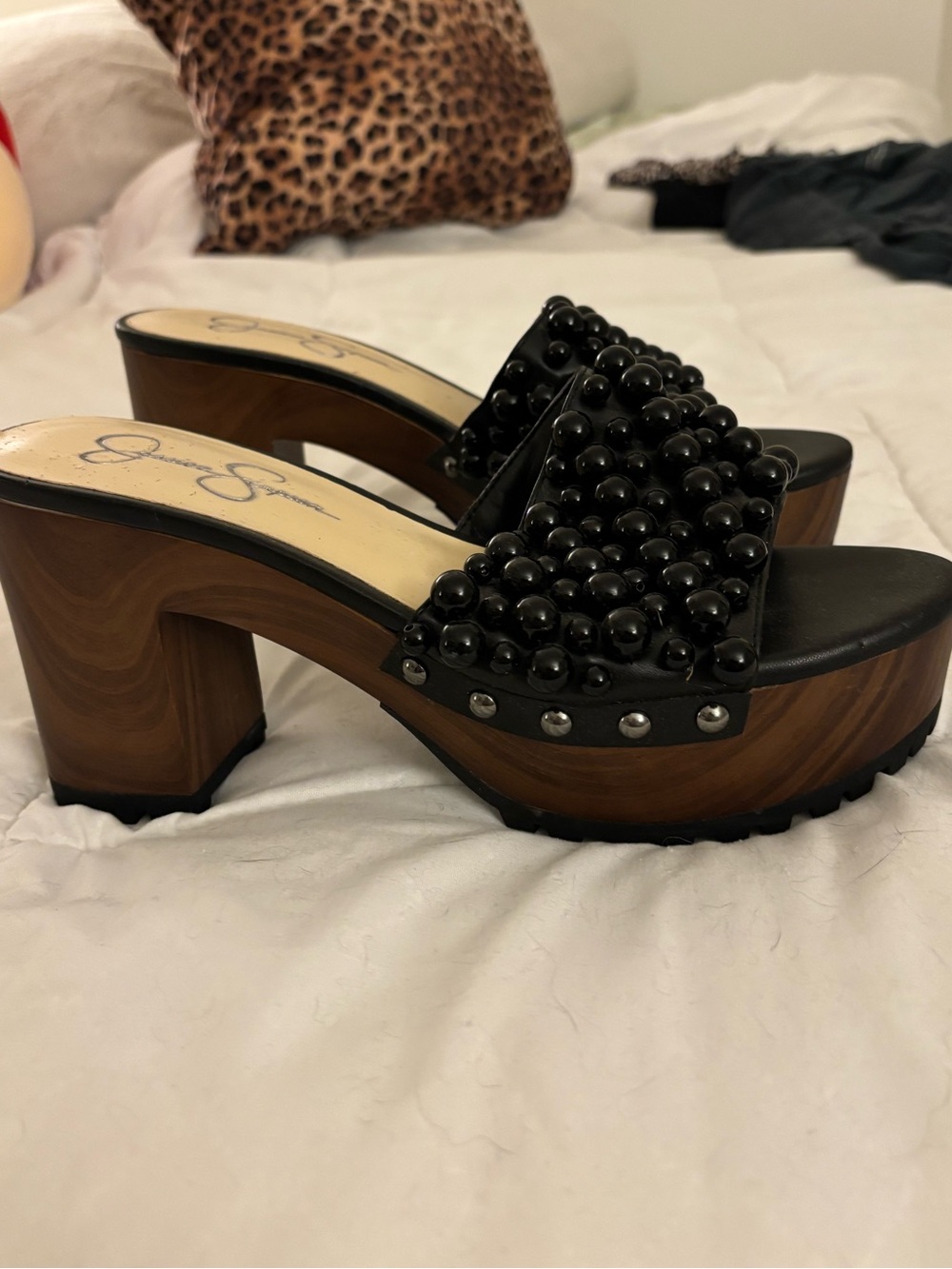 Jessica Simpson Black Beaded Wood-Look Platform Mules